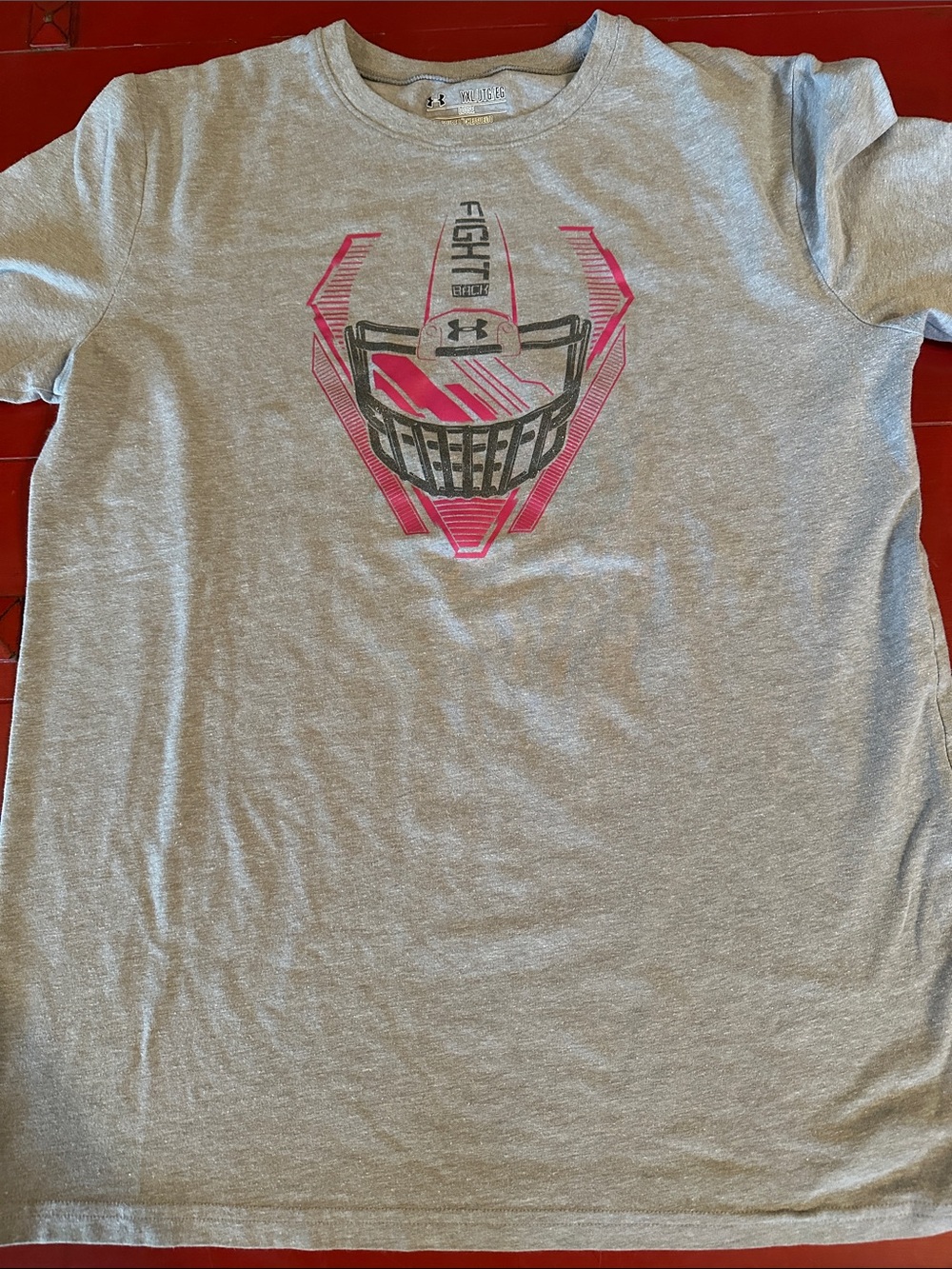 Under Armour Light Gray T-Shirt with Pink and Black Helmet Graphic youth xl
